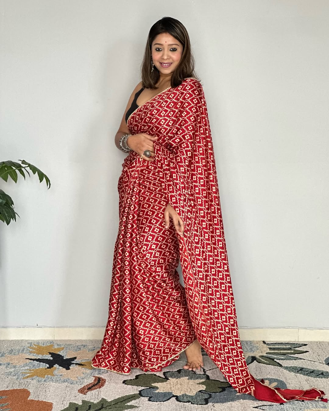 Red Ajrakh Primum Modal Silk Saree With Blouse