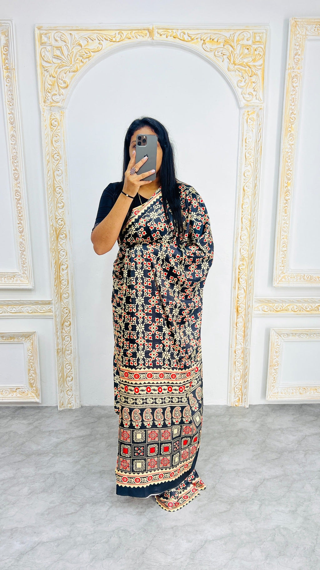 Black Ajrakh Primum Modal Silk Saree With Blouse