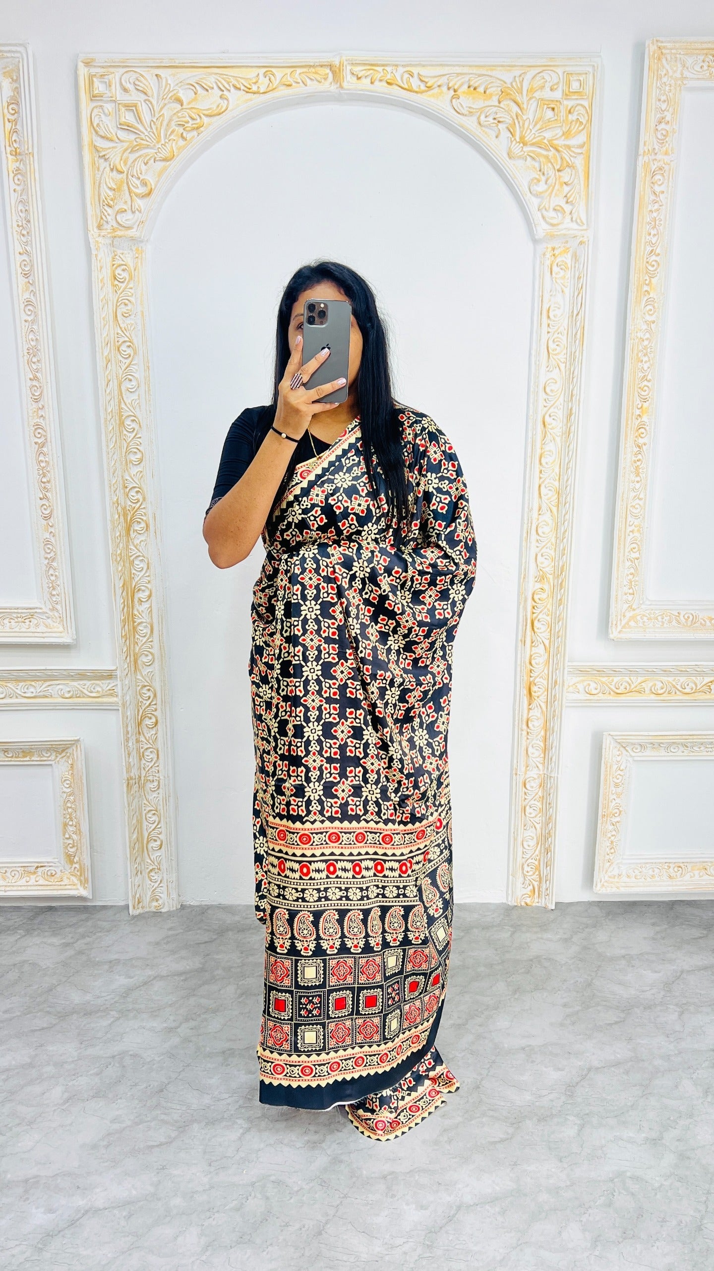 Black Ajrakh Primum Modal Silk Saree With Blouse