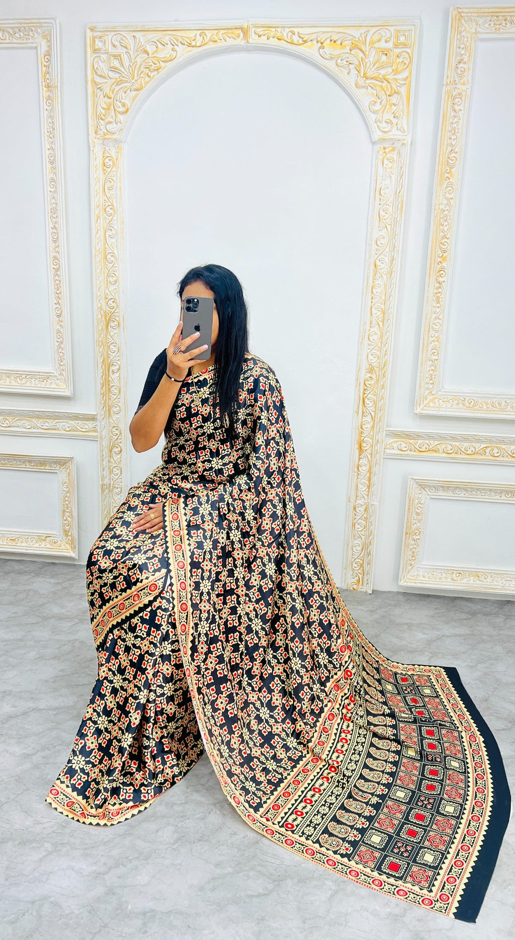 Black Ajrakh Primum Modal Silk Saree With Blouse