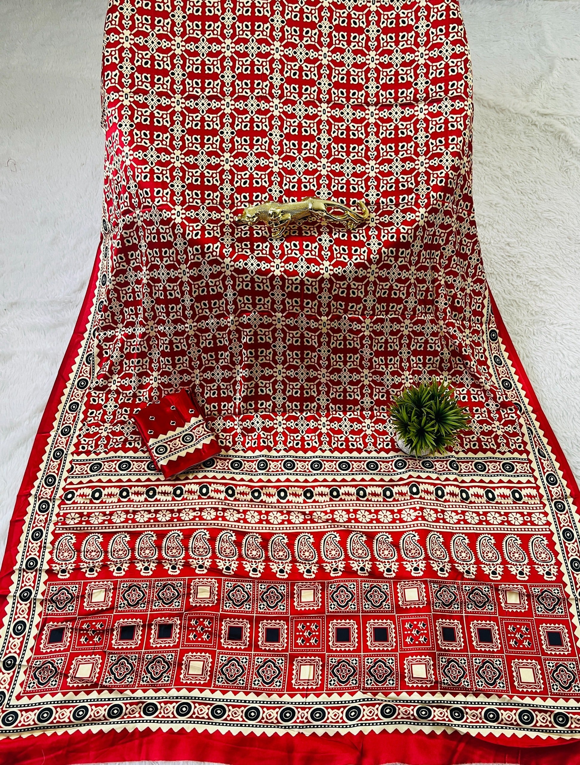 Red Ajrakh Primum Modal Silk Saree With Blouse