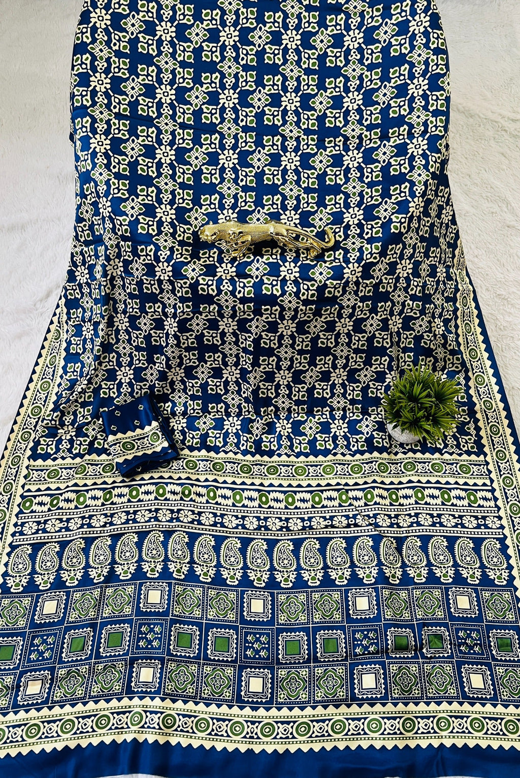 Blue Ajrakh Primum Modal Silk Saree With Blouse