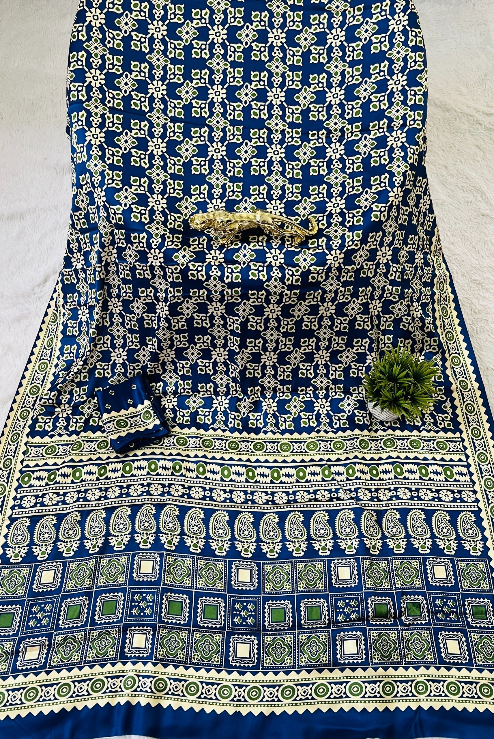 Blue Ajrakh Primum Modal Silk Saree With Blouse