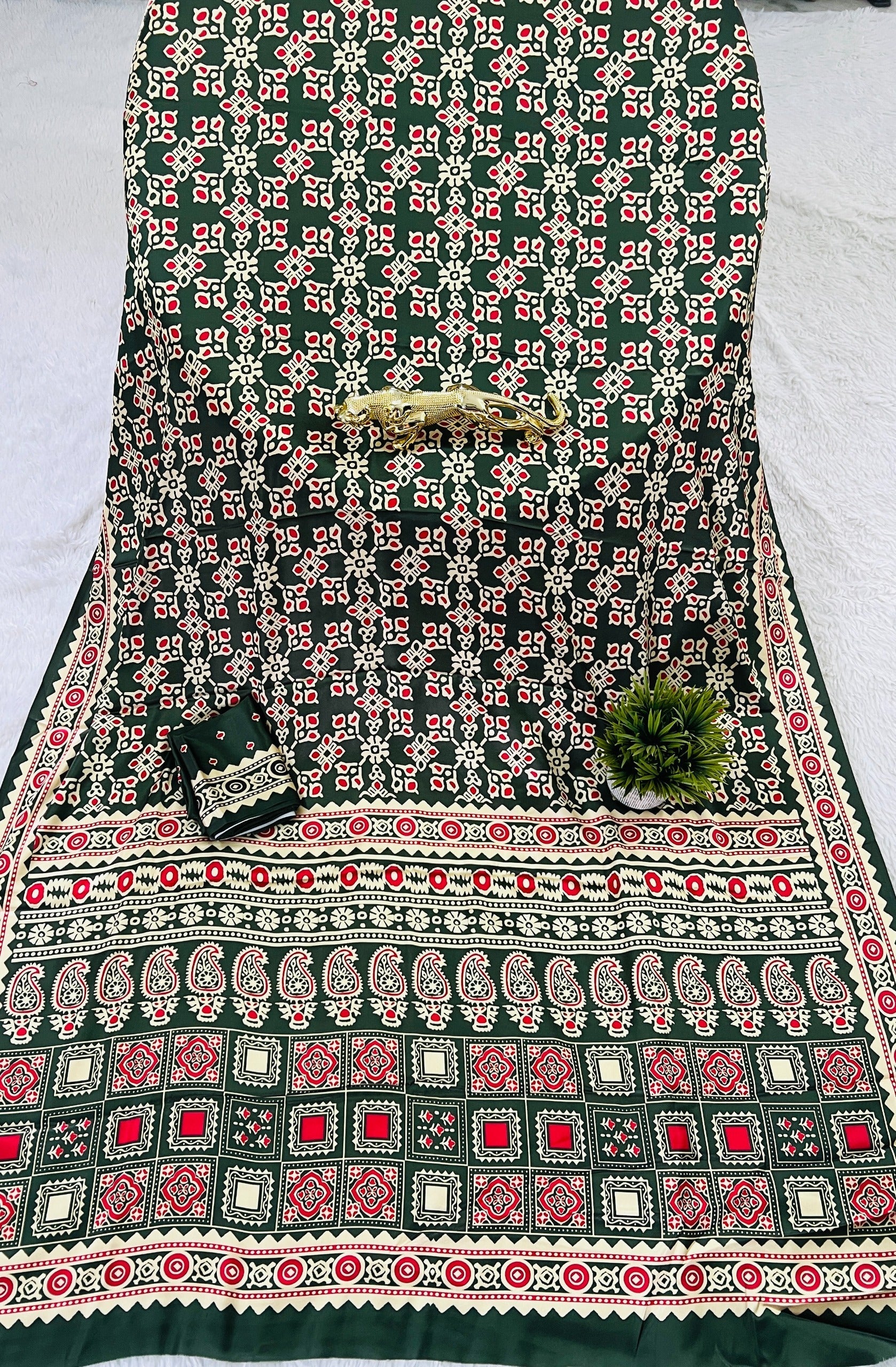 Dark Green Ajrakh Primum Modal Silk Saree With Blouse