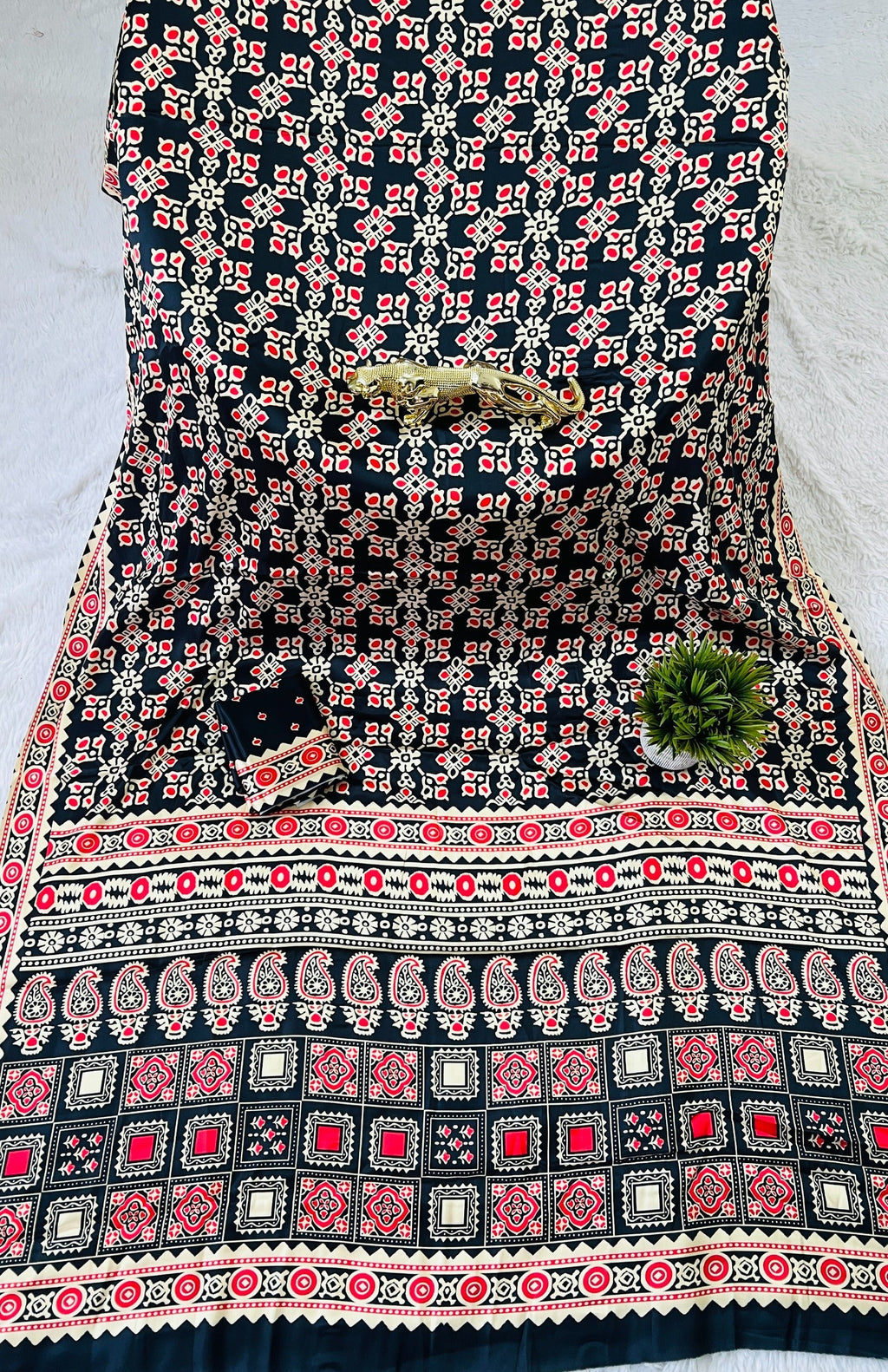 Black Ajrakh Primum Modal Silk Saree With Blouse