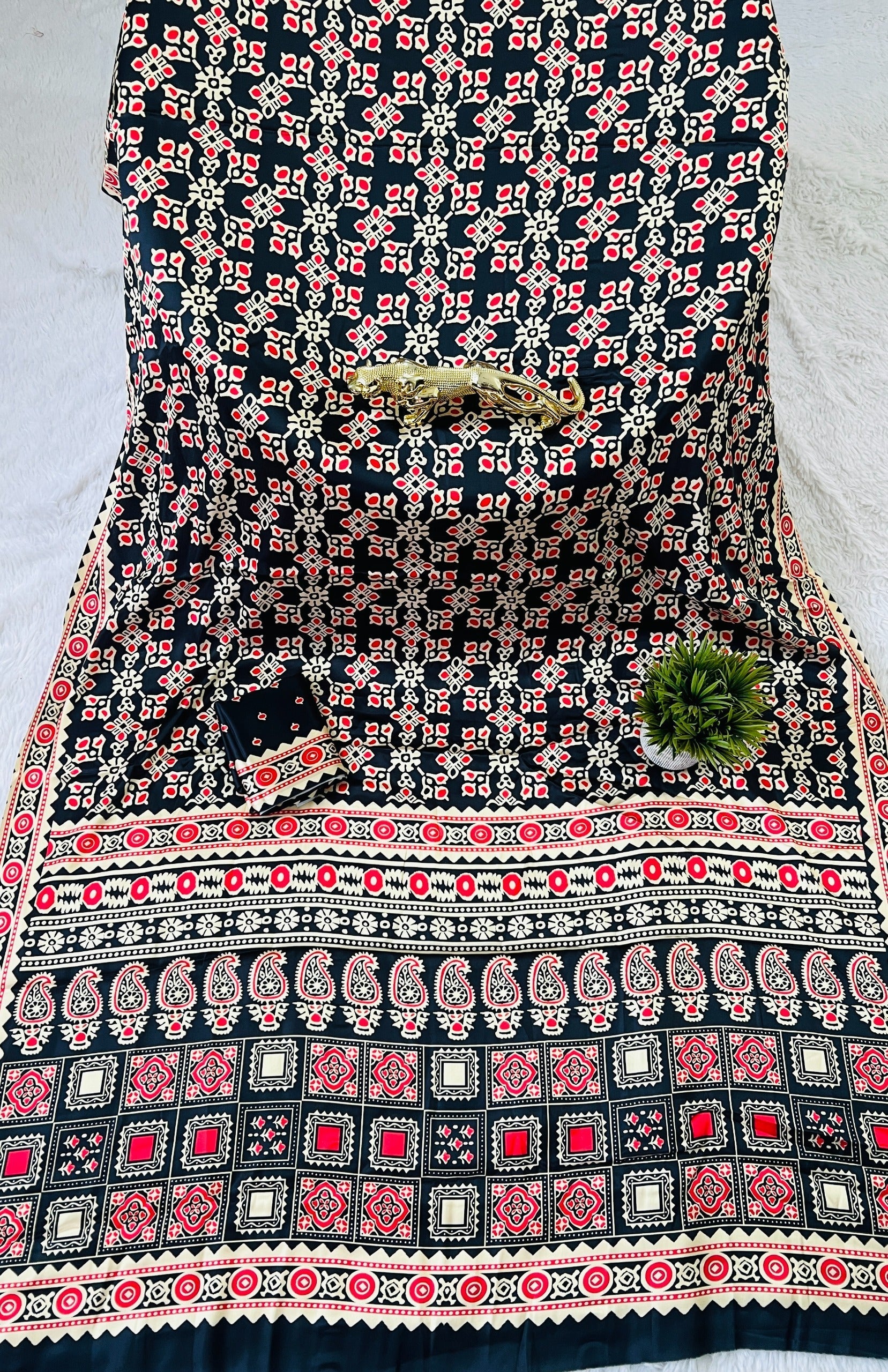 Black Ajrakh Primum Modal Silk Saree With Blouse