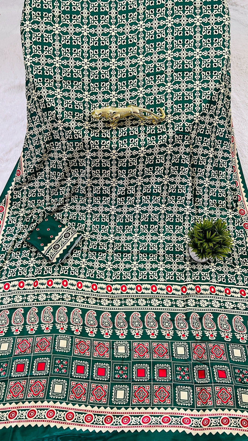 Green Ajrakh Primum Modal Silk Saree With Blouse