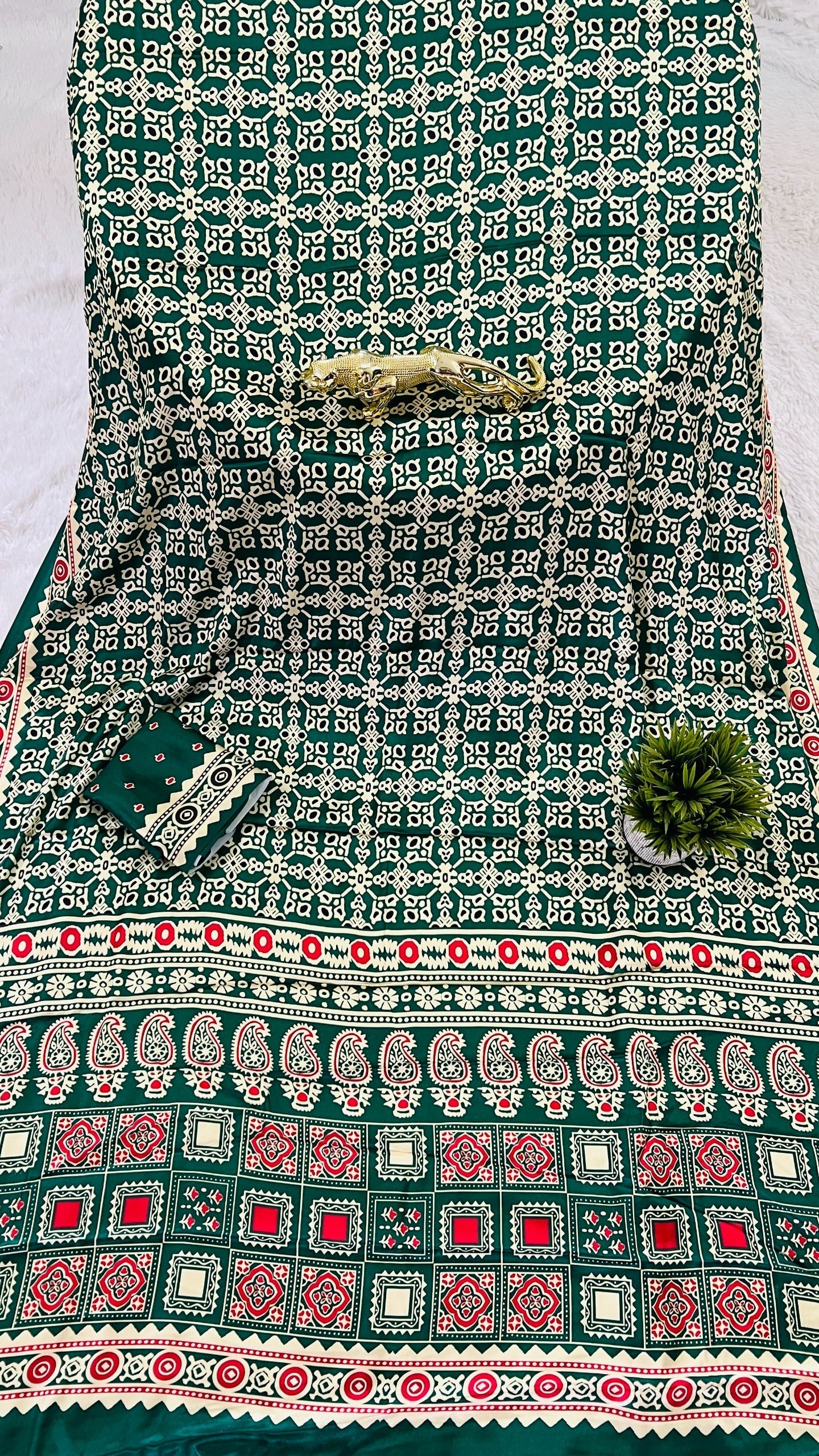 Green Ajrakh Primum Modal Silk Saree With Blouse