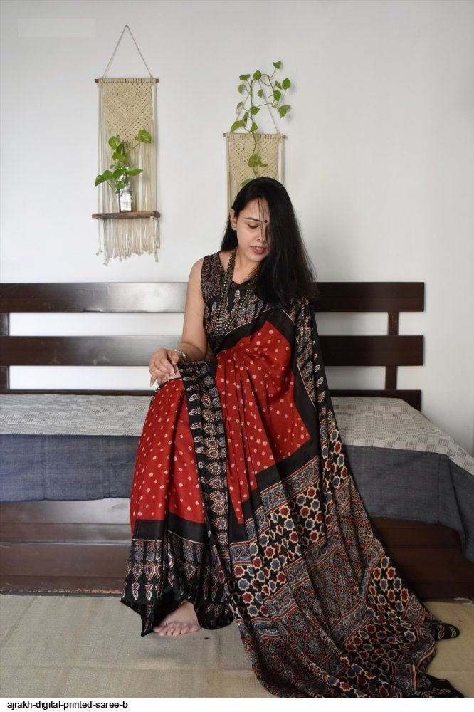 Ajrakh Primum Modal Silk Saree With Blouse