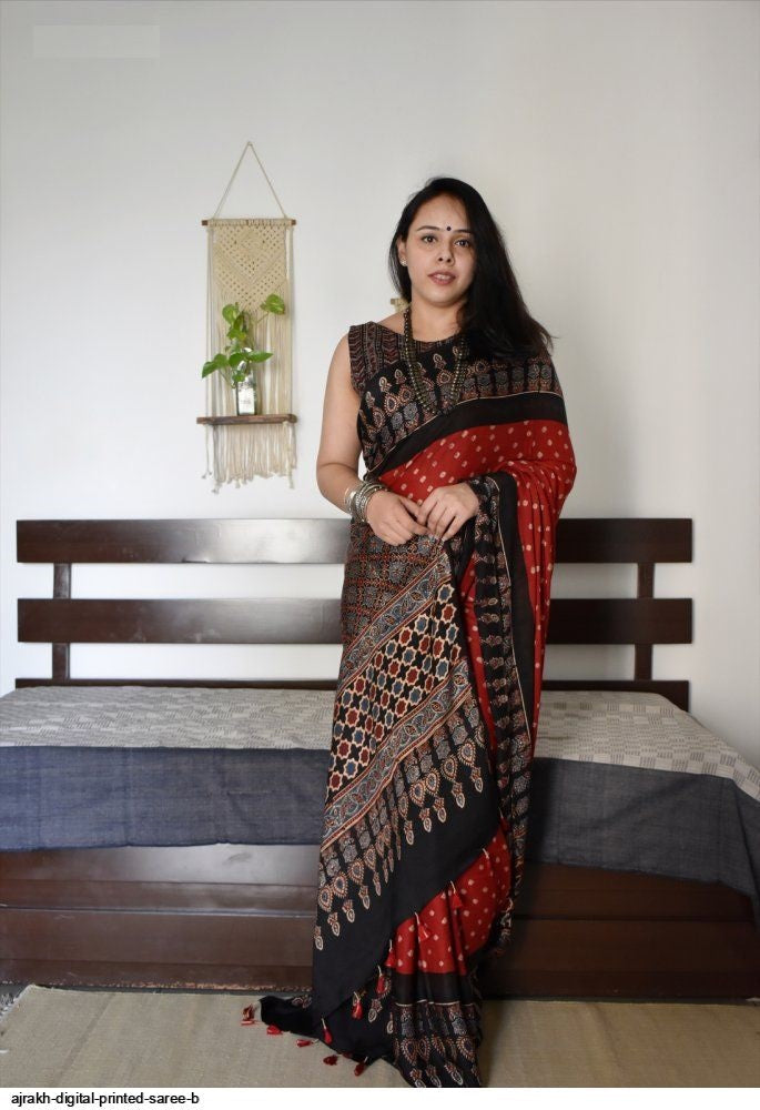 Ajrakh Primum Modal Silk Saree With Blouse