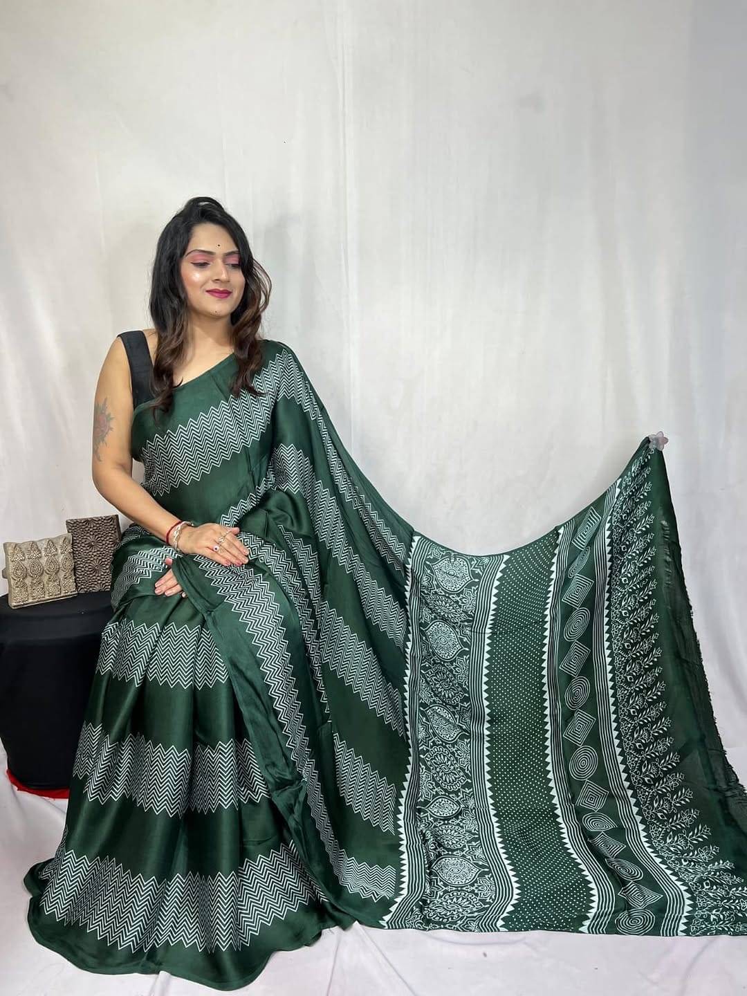 Green Ajrakh Primum Modal Silk Saree With Blouse