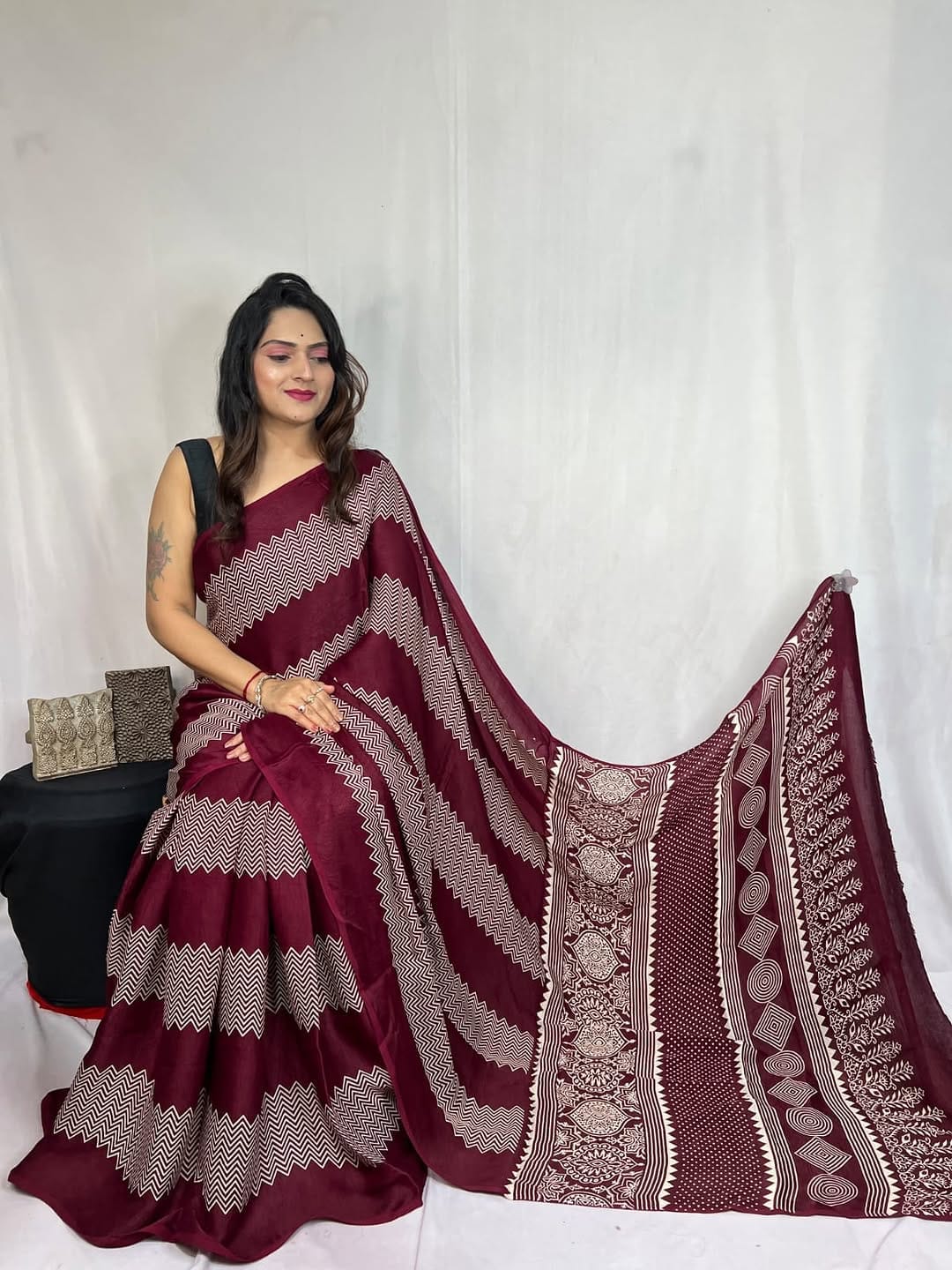 Maroon Ajrakh Primum Modal Silk Saree With Blouse