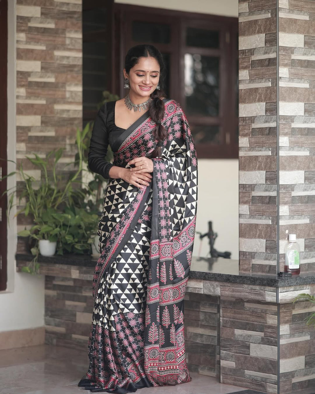 Maroon Black Ajrakh Primum Modal Silk Saree With Blouse