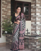 Maroon Black Ajrakh Primum Modal Silk Saree With Blouse