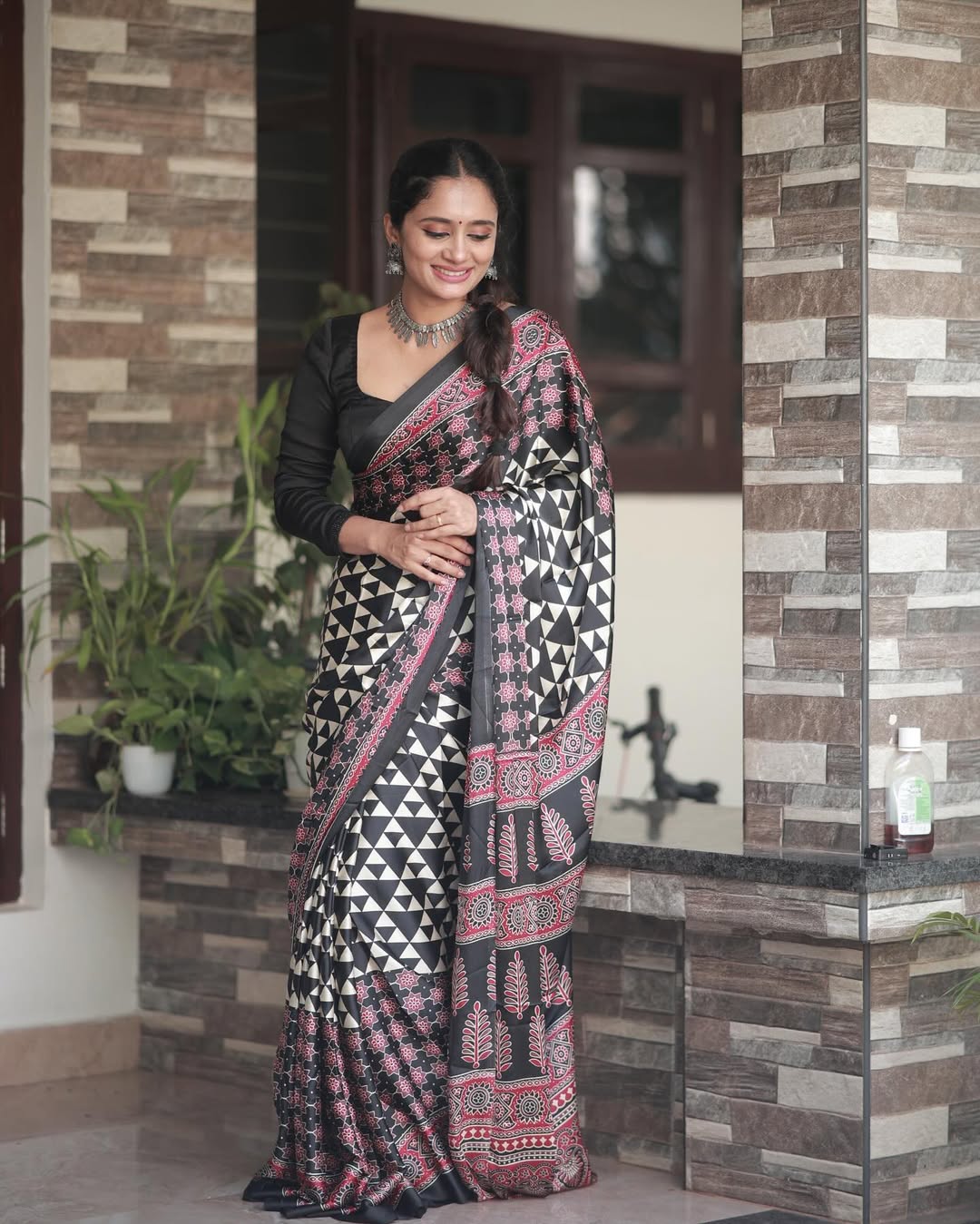 Maroon Black Ajrakh Primum Modal Silk Saree With Blouse