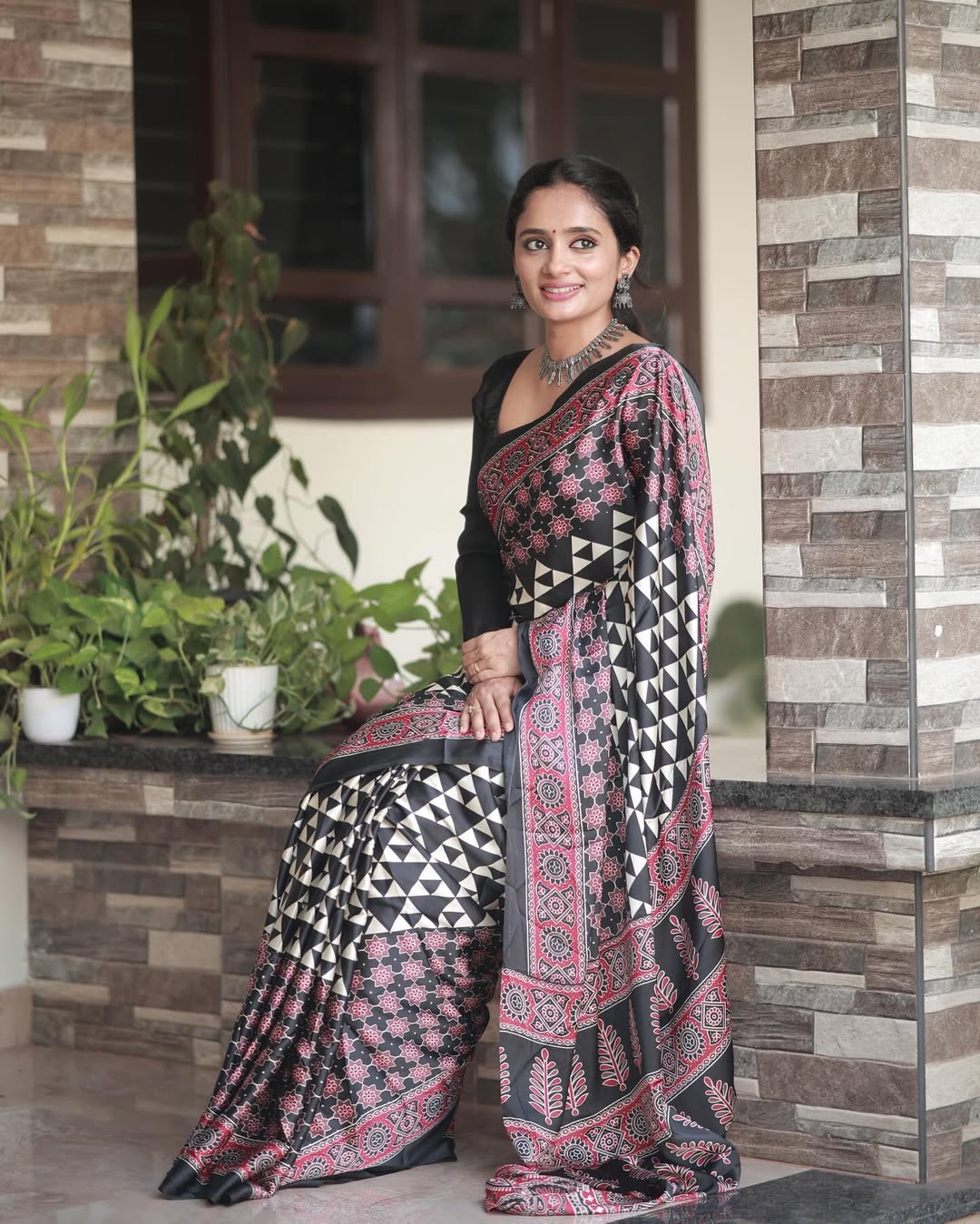 Maroon Black Ajrakh Primum Modal Silk Saree With Blouse