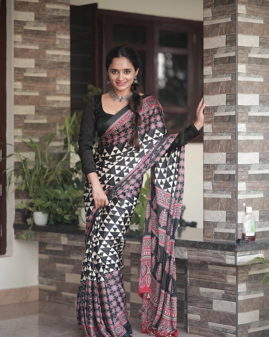 Maroon Black Ajrakh Primum Modal Silk Saree With Blouse