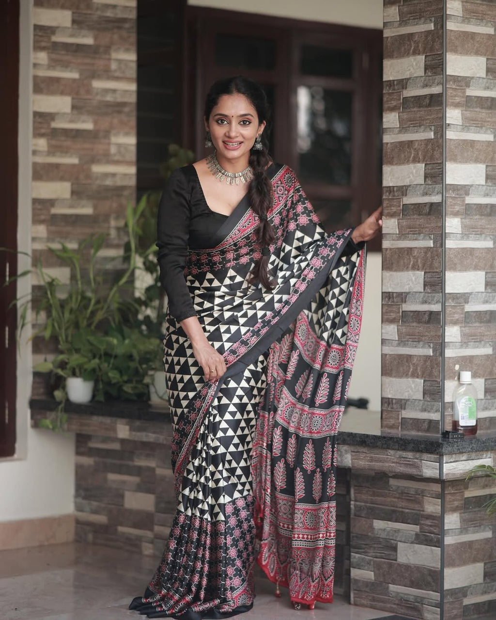 Maroon Black Ajrakh Primum Modal Silk Saree With Blouse