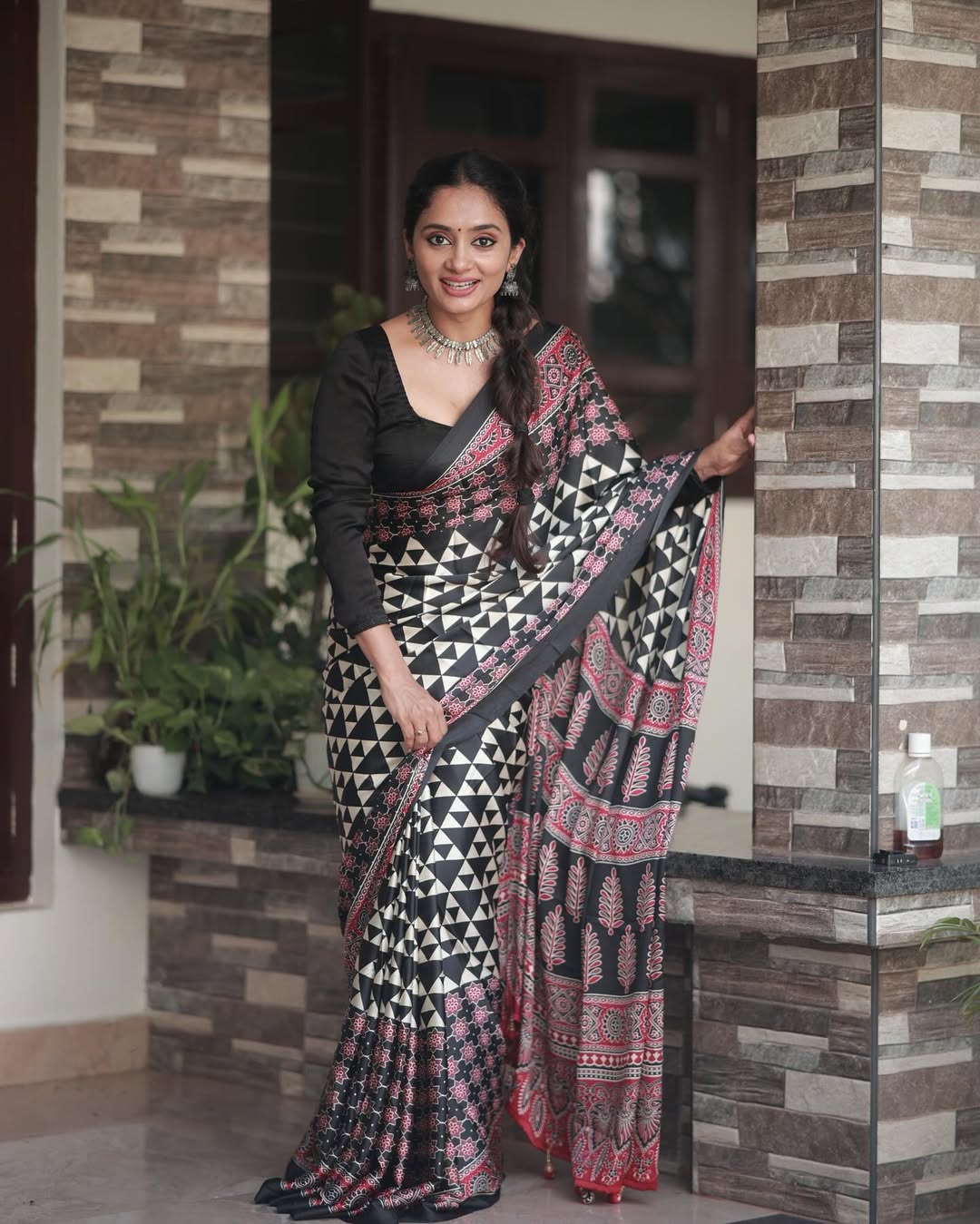 Maroon Black Ajrakh Primum Modal Silk Saree With Blouse