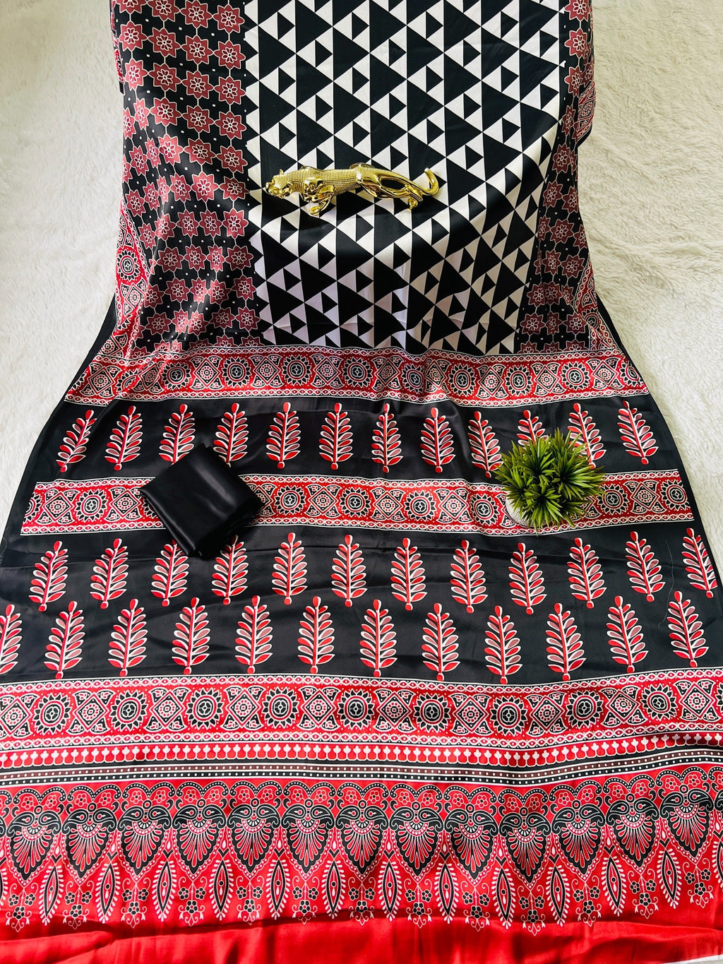 Maroon Black Ajrakh Primum Modal Silk Saree With Blouse