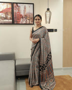 Black Line Ajrakh Primum Modal Silk Saree With Blouse