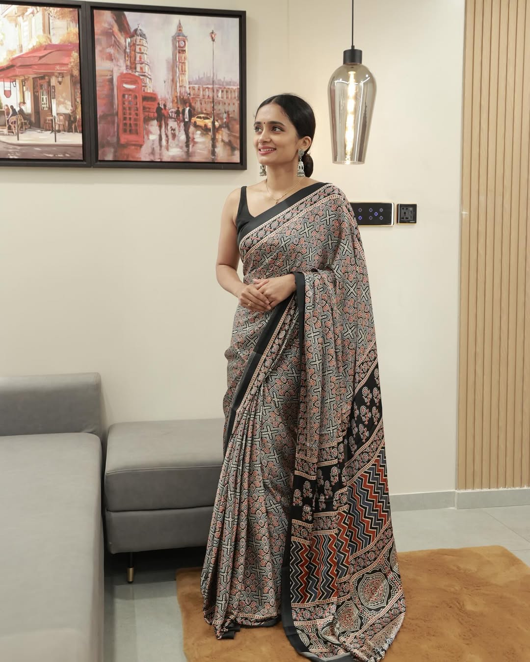 Black Line Ajrakh Primum Modal Silk Saree With Blouse