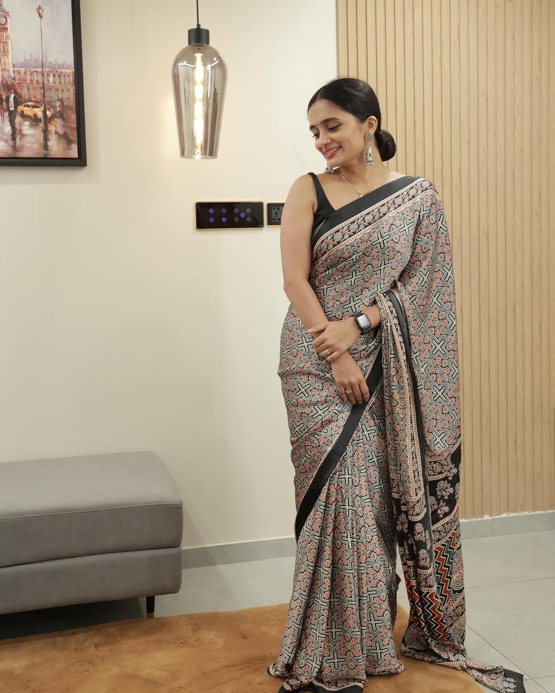 Black Line Ajrakh Primum Modal Silk Saree With Blouse