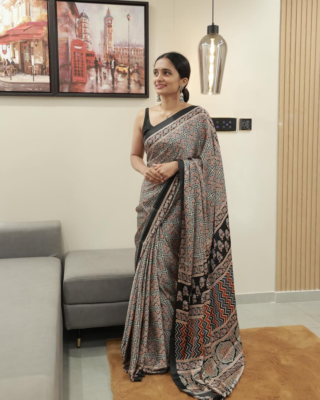 Black Line Ajrakh Primum Modal Silk Saree With Blouse