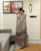 Black Line Ajrakh Primum Modal Silk Saree With Blouse