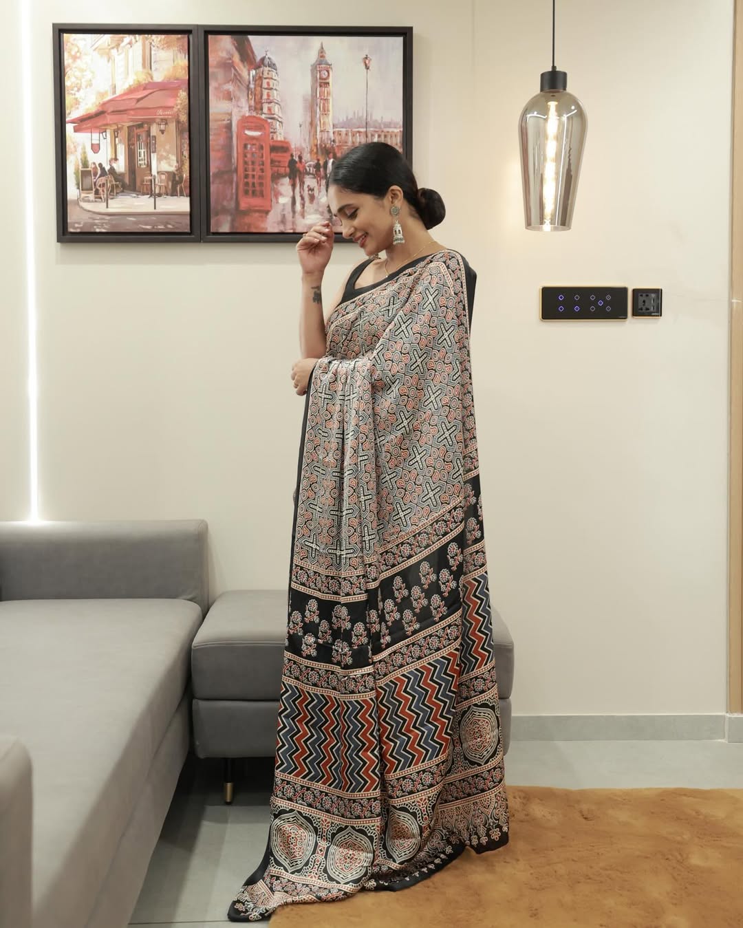 Black Line Ajrakh Primum Modal Silk Saree With Blouse