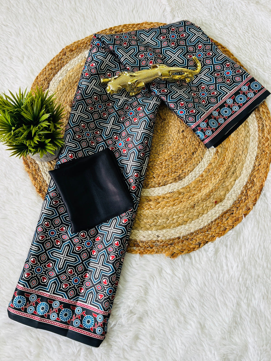 Black Line Ajrakh Primum Modal Silk Saree With Blouse