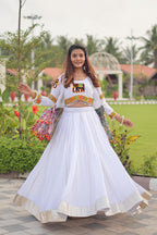 White Cotton Gamthi Work Navratri Lehenga with Koti and Kodi Lace Full Flare for Garba Nights