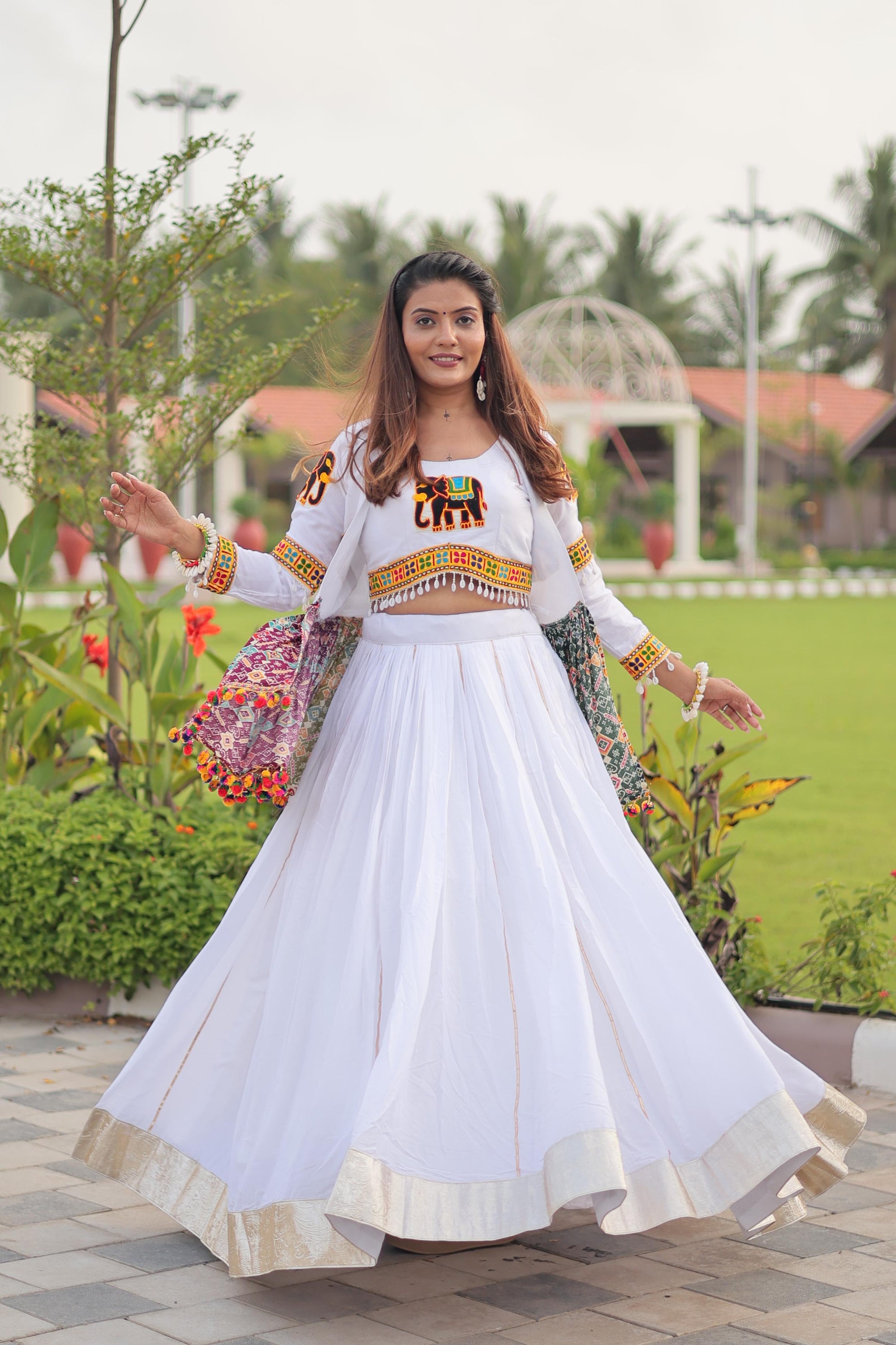 White Cotton Gamthi Work Navratri Lehenga with Koti and Kodi Lace Full Flare for Garba Nights