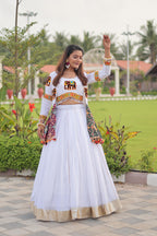 White Cotton Gamthi Work Navratri Lehenga with Koti and Kodi Lace Full Flare for Garba Nights