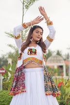 White Cotton Gamthi Work Navratri Lehenga with Koti and Kodi Lace Full Flare for Garba Nights