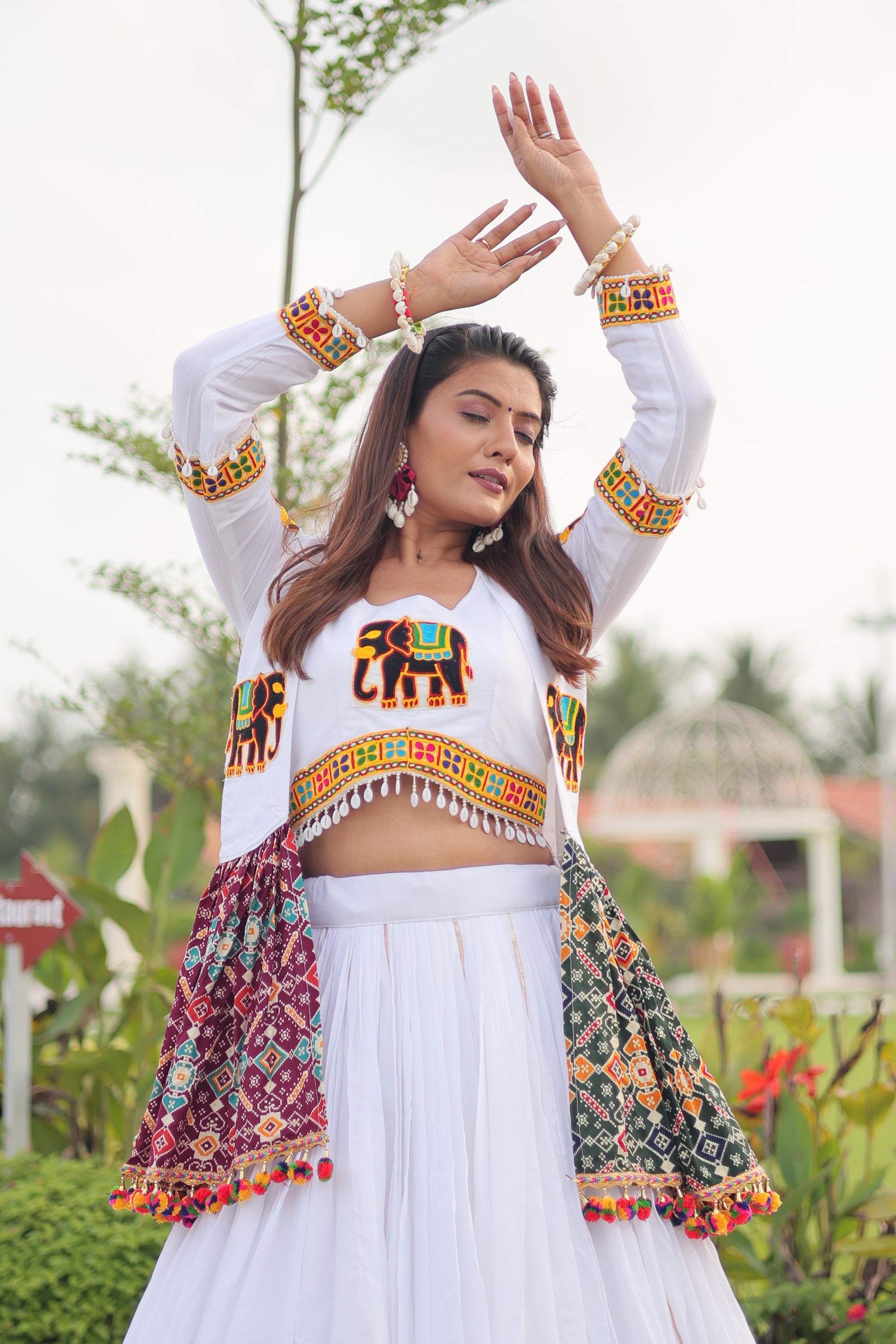 White Cotton Gamthi Work Navratri Lehenga with Koti and Kodi Lace Full Flare for Garba Nights