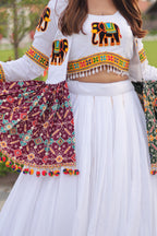 White Cotton Gamthi Work Navratri Lehenga with Koti and Kodi Lace Full Flare for Garba Nights