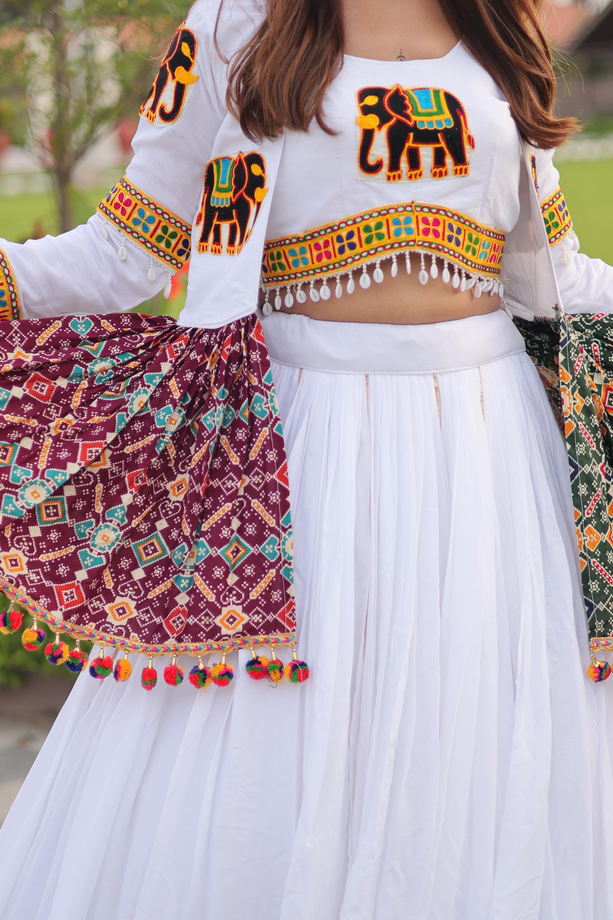 White Cotton Gamthi Work Navratri Lehenga with Koti and Kodi Lace Full Flare for Garba Nights