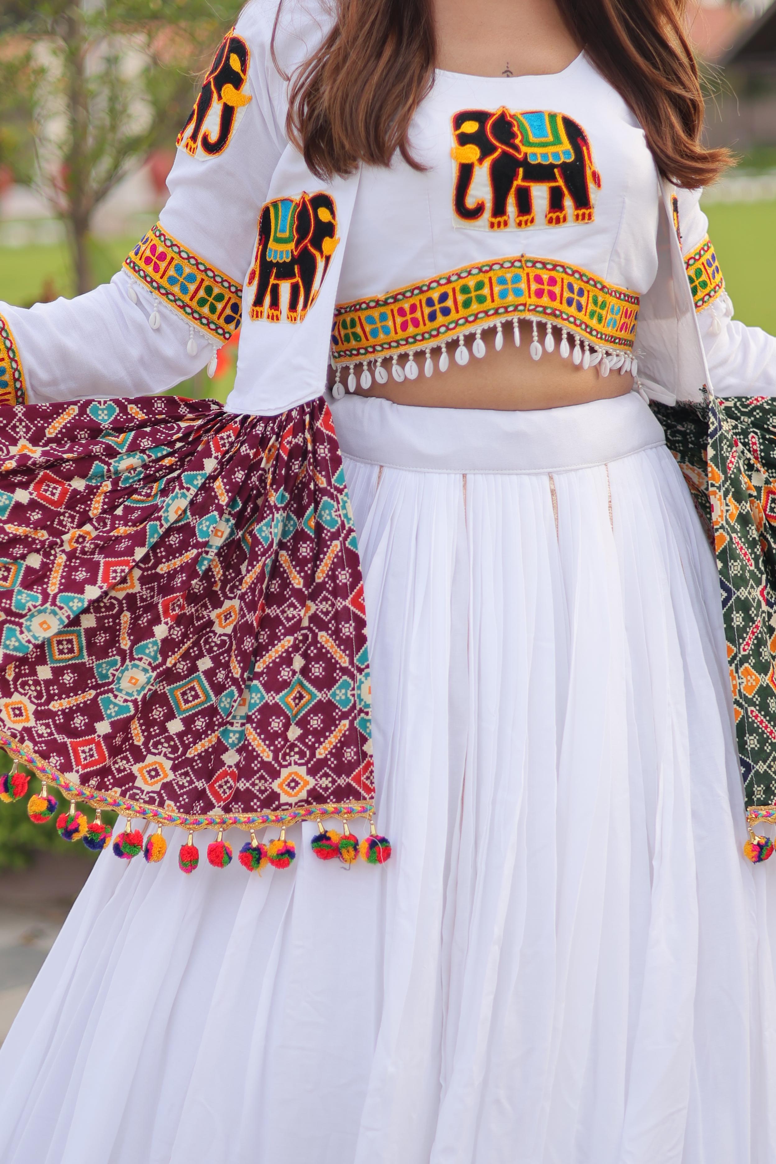 White Cotton Gamthi Work Navratri Lehenga with Koti and Kodi Lace Full Flare for Garba Nights