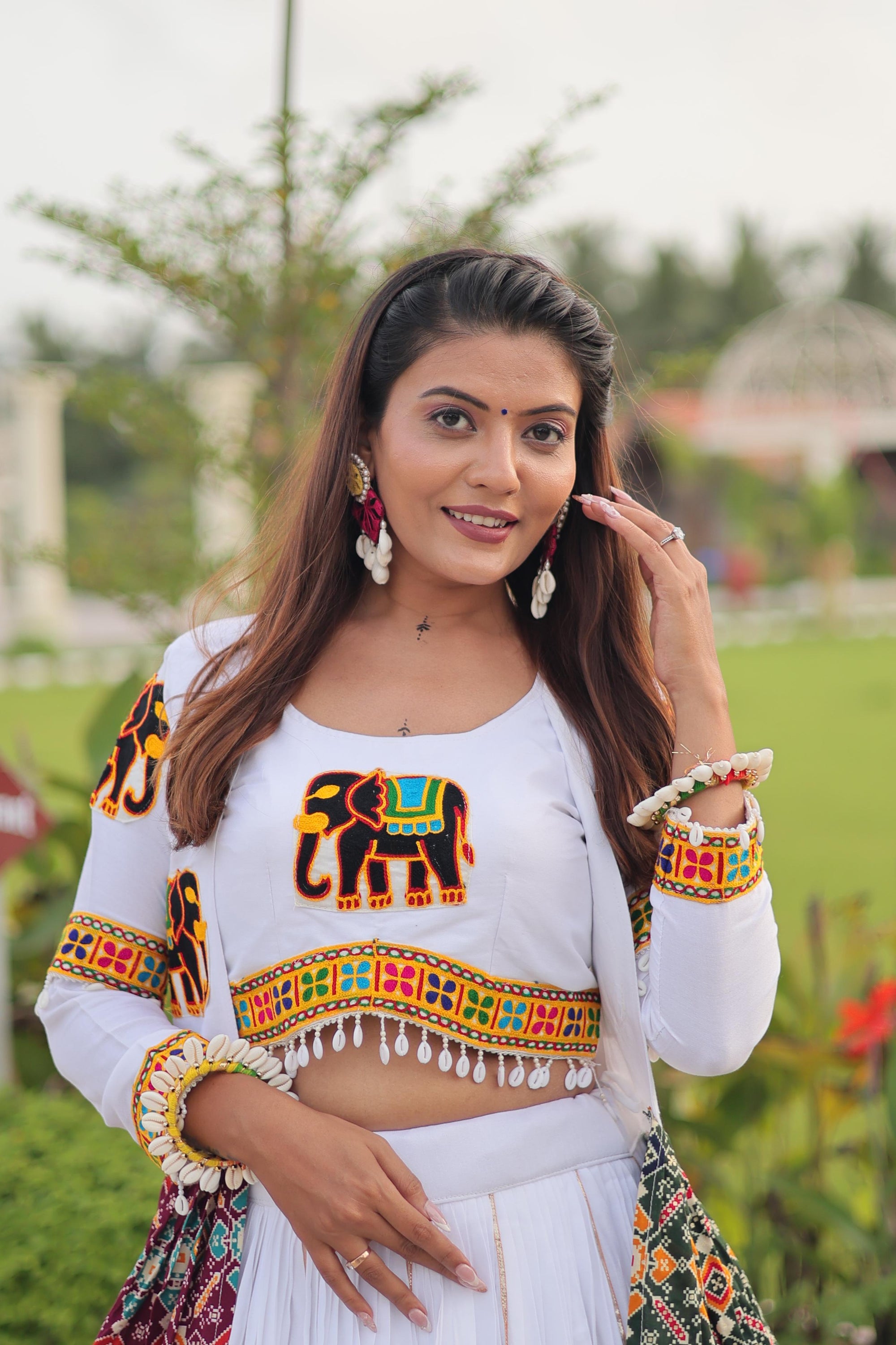 White Cotton Gamthi Work Navratri Lehenga with Koti and Kodi Lace Full Flare for Garba Nights
