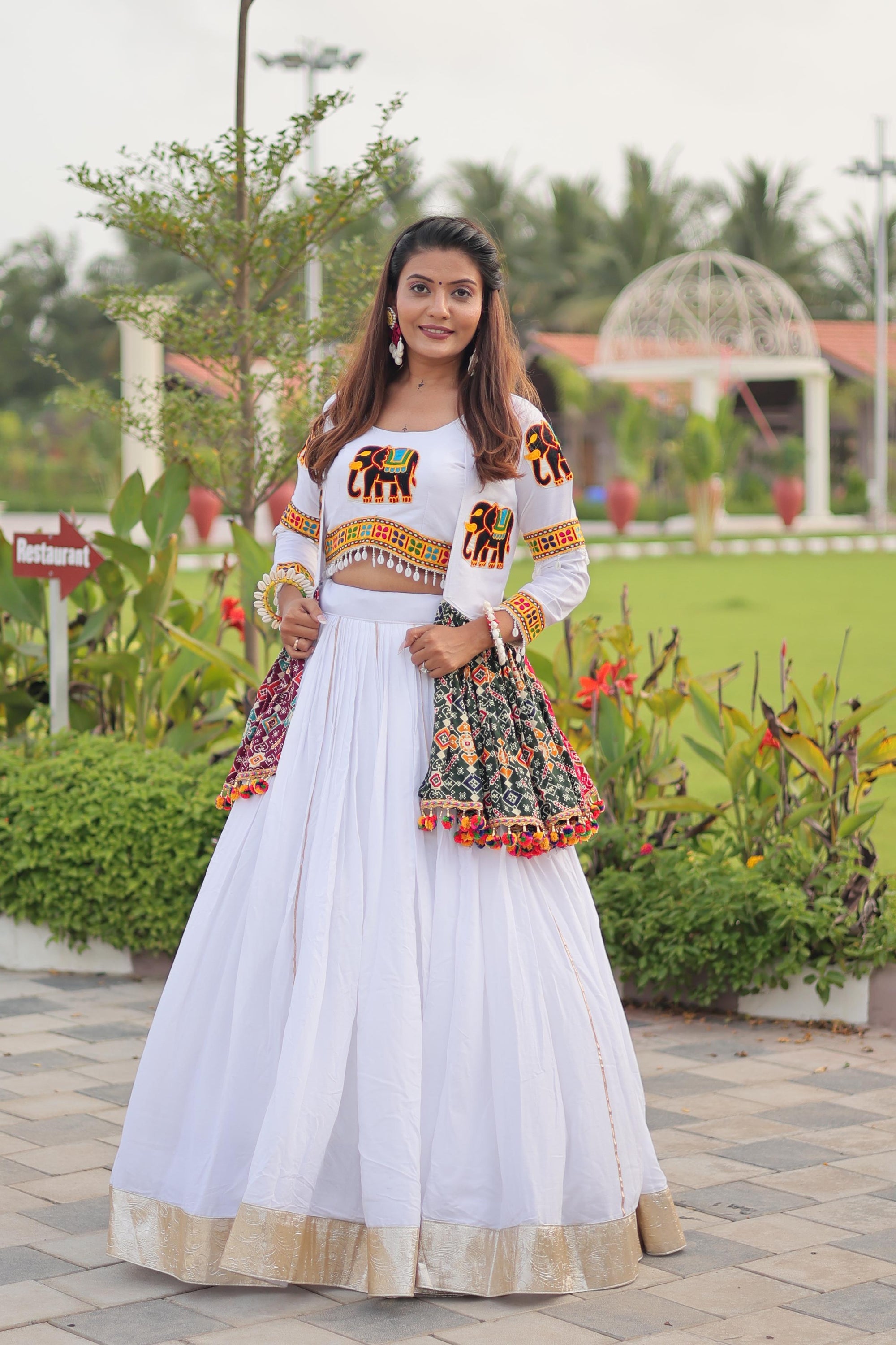 White Cotton Gamthi Work Navratri Lehenga with Koti and Kodi Lace Full Flare for Garba Nights