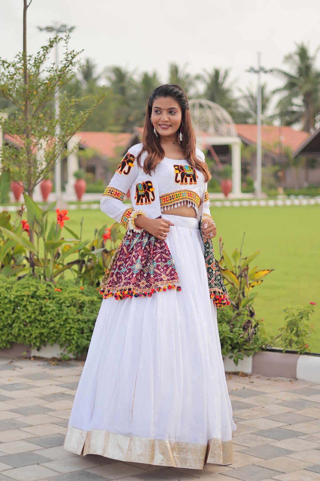 White Cotton Gamthi Work Navratri Lehenga with Koti and Kodi Lace Full Flare for Garba Nights