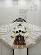 White Cotton Gamthi Work Navratri Lehenga with Koti and Kodi Lace Full Flare for Garba Nights