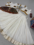 White Cotton Gamthi Work Navratri Lehenga with Koti and Kodi Lace Full Flare for Garba Nights