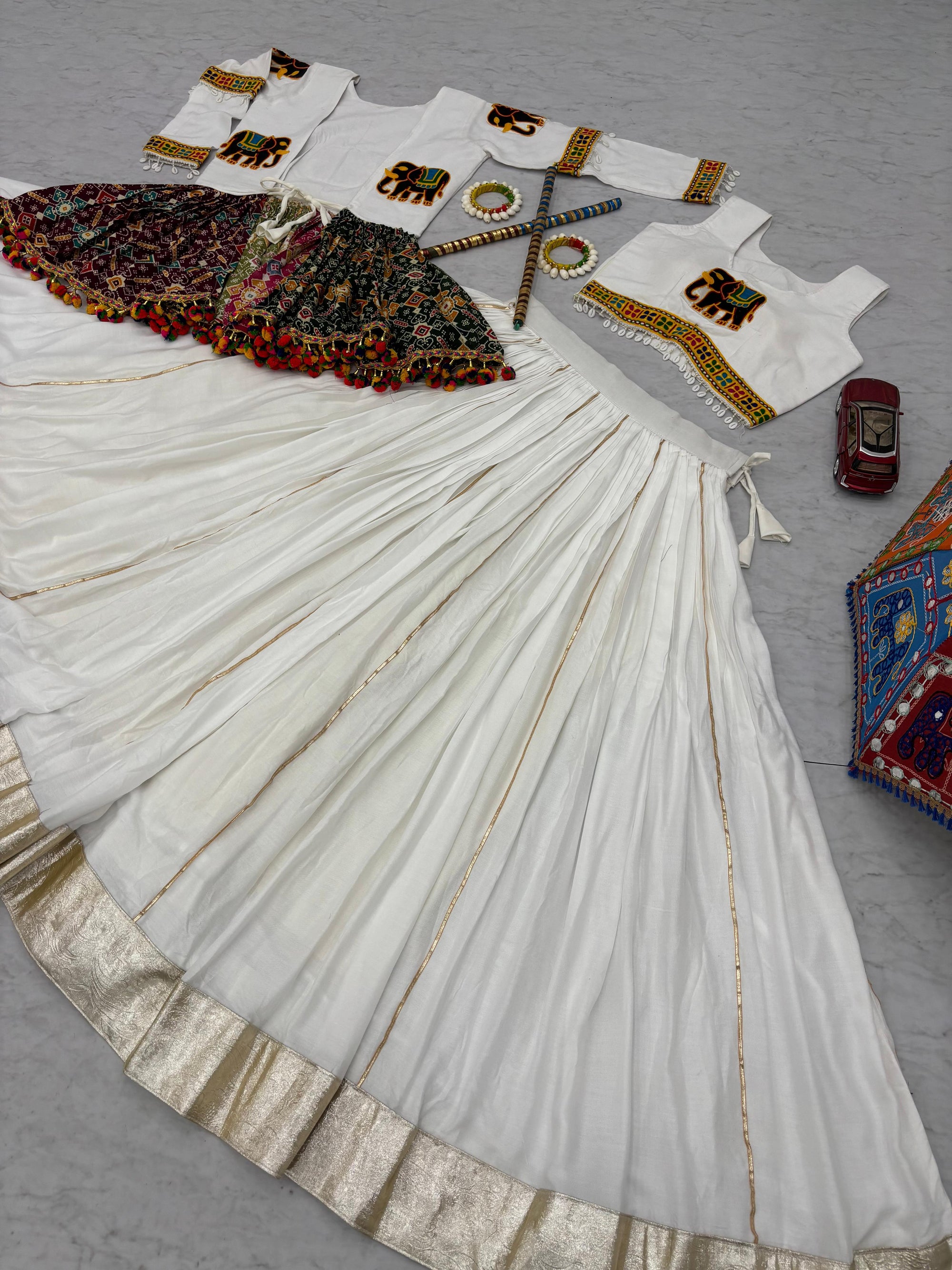White Cotton Gamthi Work Navratri Lehenga with Koti and Kodi Lace Full Flare for Garba Nights