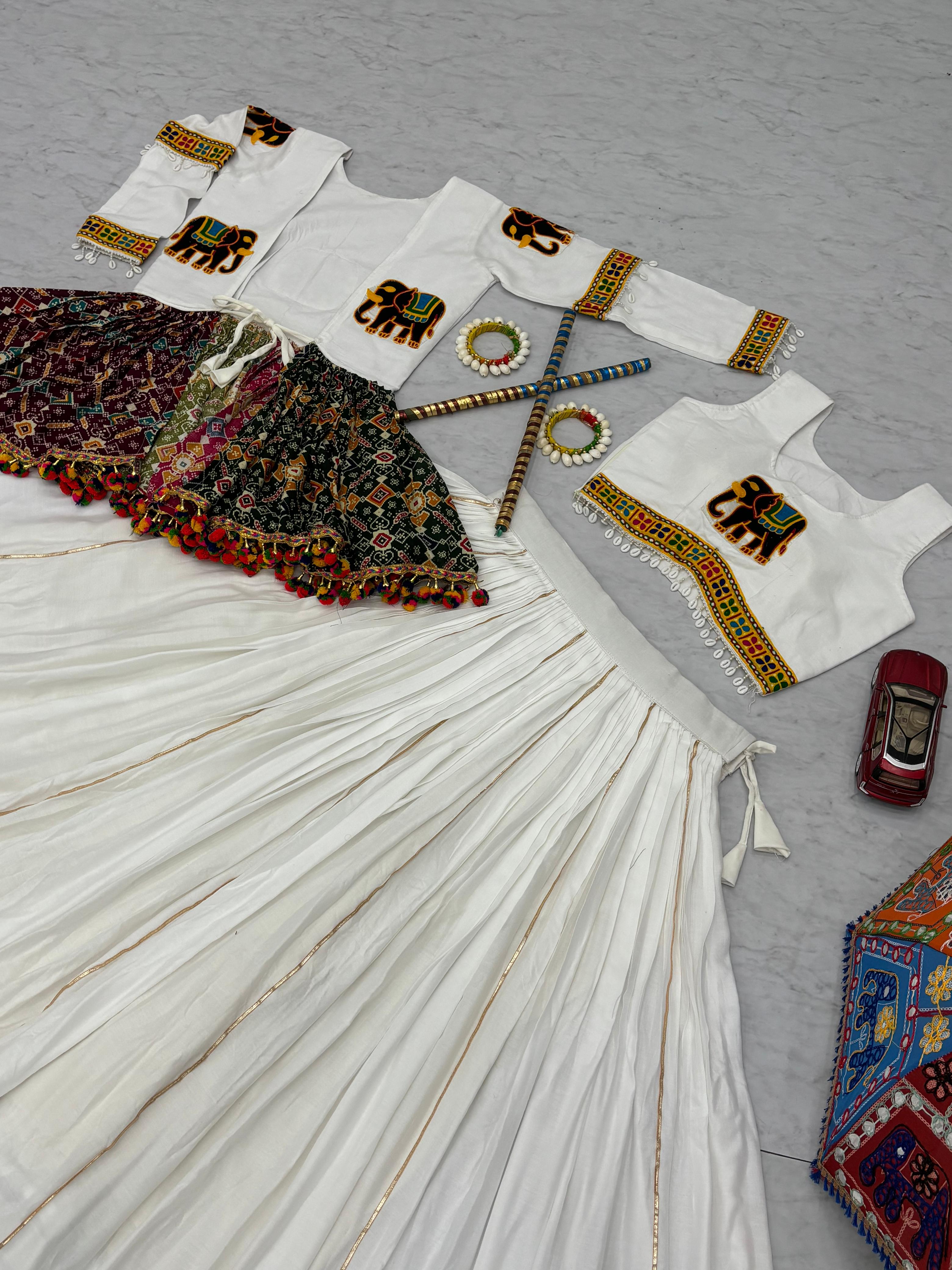 White Cotton Gamthi Work Navratri Lehenga with Koti and Kodi Lace Full Flare for Garba Nights