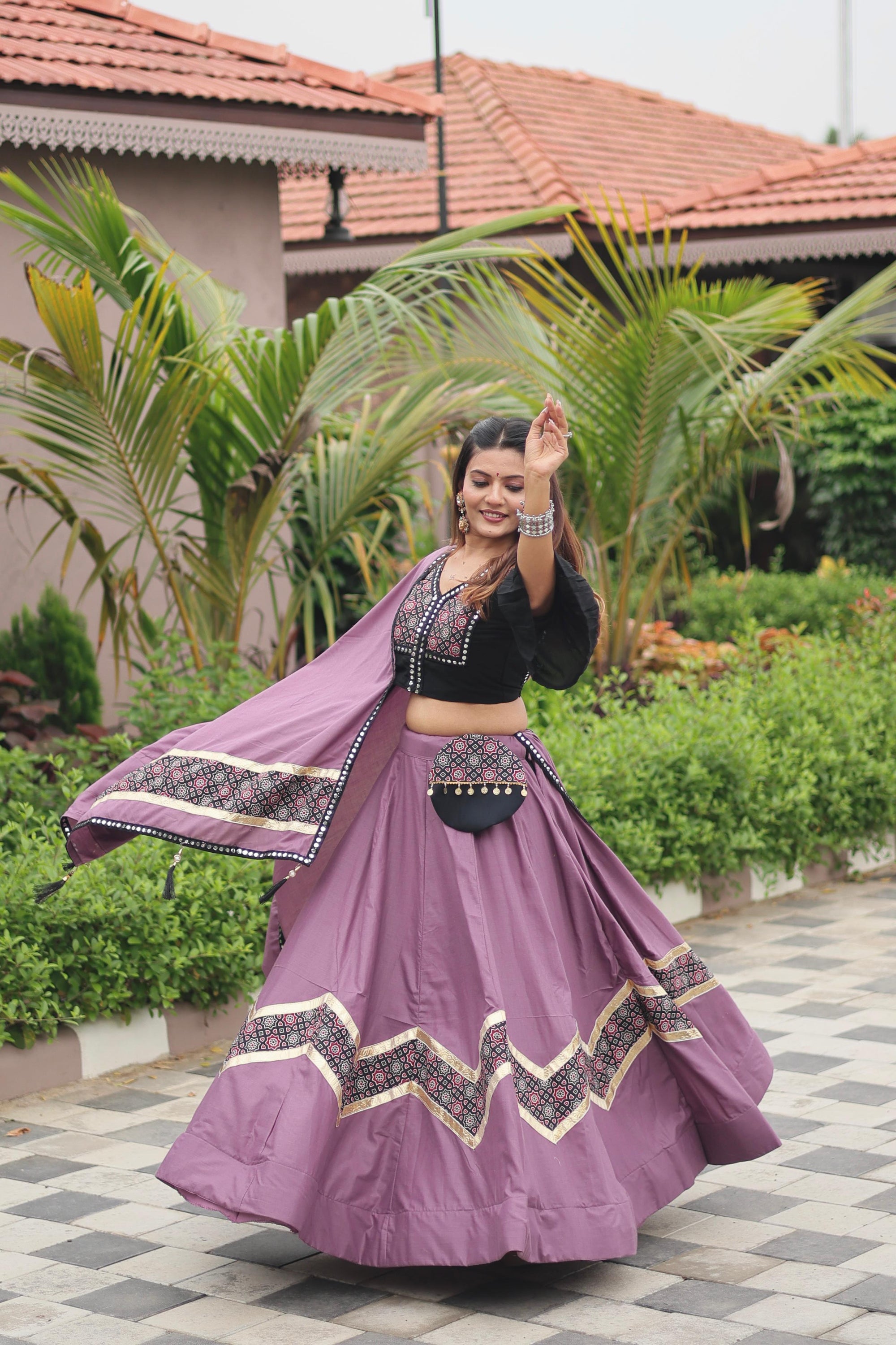 Violet Navratri Special Pure Cotton Ajarakh Work Lehenga Choli