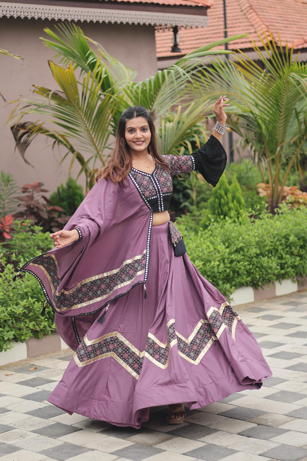 Violet Navratri Special Pure Cotton Ajarakh Work Lehenga Choli