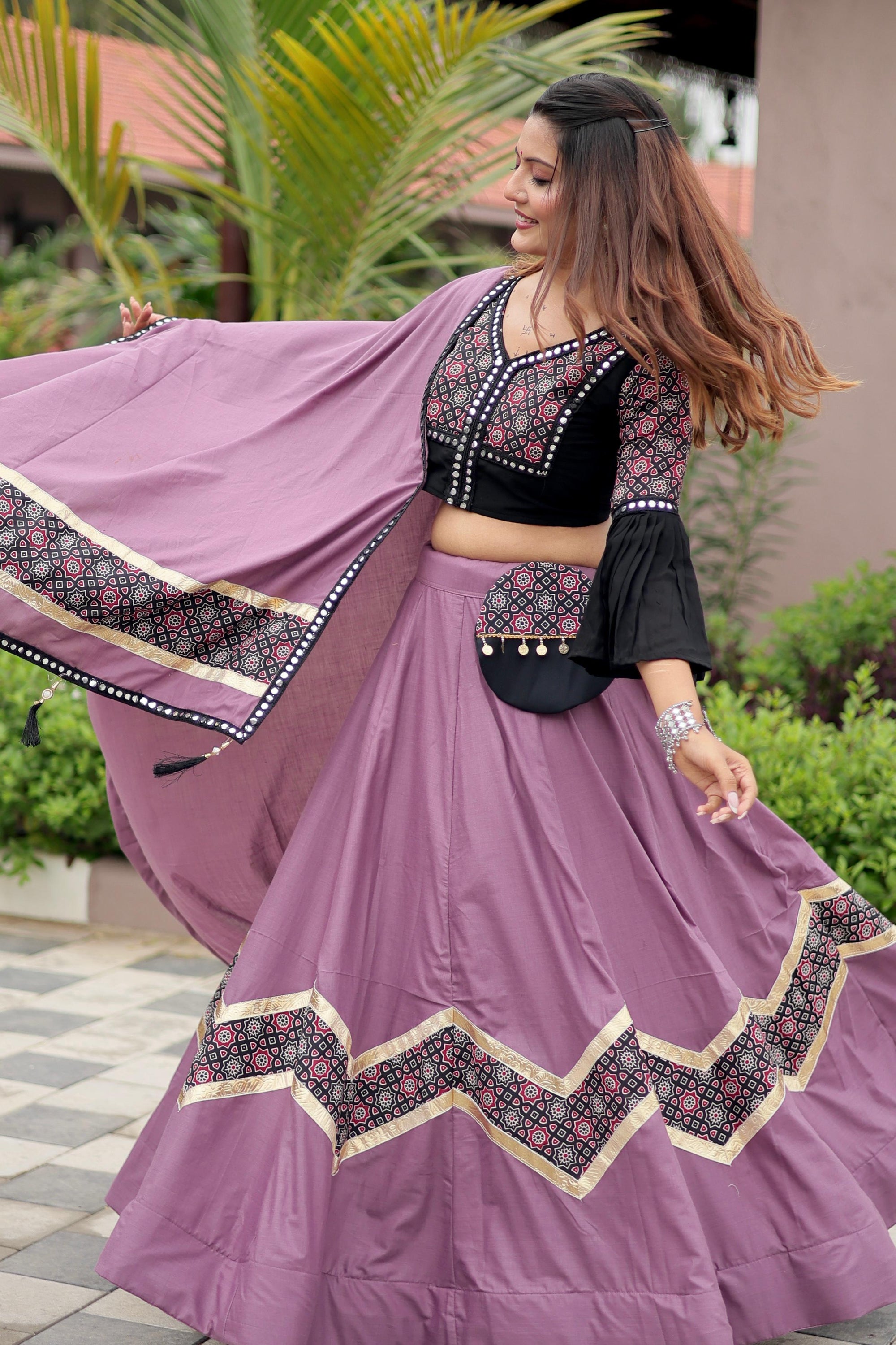 Violet Navratri Special Pure Cotton Ajarakh Work Lehenga Choli