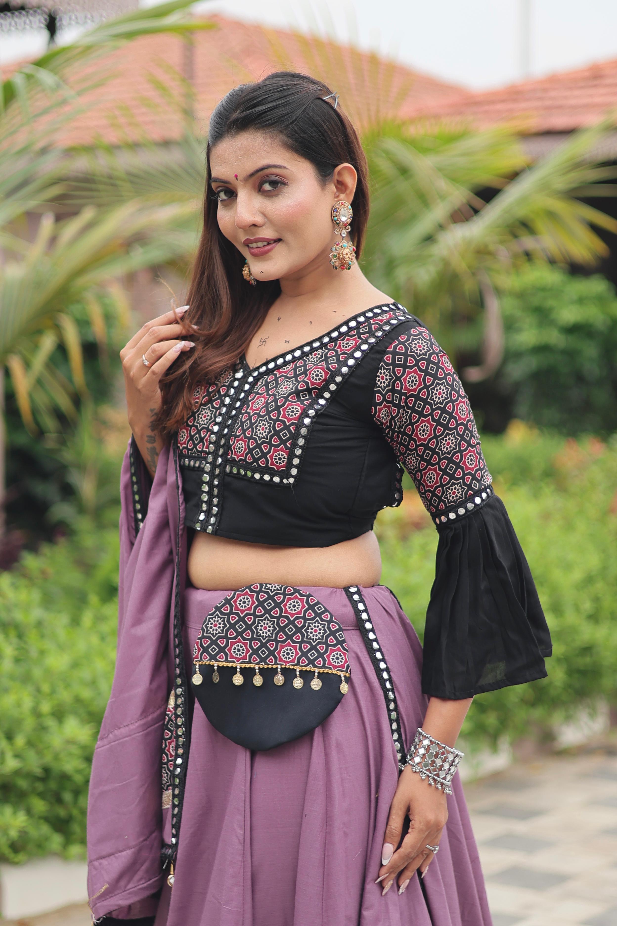 Violet Navratri Special Pure Cotton Ajarakh Work Lehenga Choli